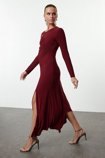 Trendyol Collection Rochie de seară midi cu decolteu asimetric Rochie de absolvire de noapte tricotată cu mâneci spaniole TPRAW25EL00042