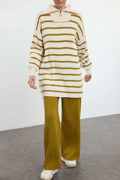 Edit by Trendyol Oil Green Striped Knitwear Sweater and Trousers Set - Tedaw25Us00007