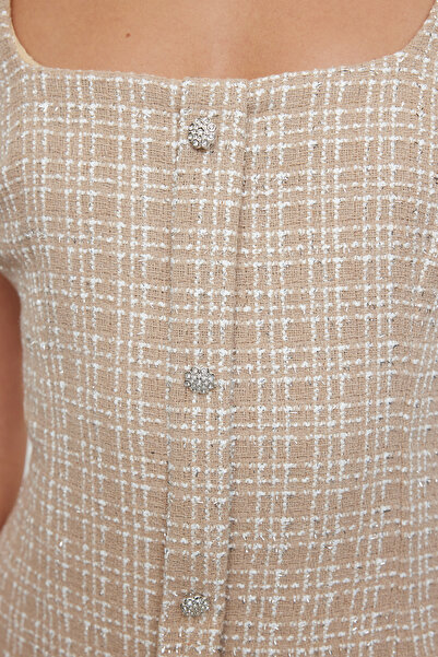 Trendyol Collection Beige Tweed Woven Short Evening Dress Night Graduation Dress Tpraw25El00076