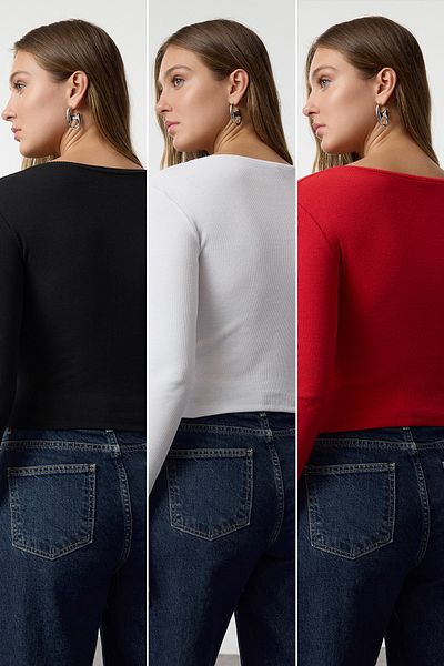 Trendyol Collection 3 Pack Black-White-Red Stretchy Corded Knitted Blouse - TWOAW25BZ00060