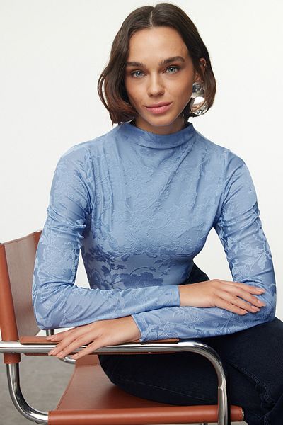 Trendyol Collection Ευέλικτη Εφαρμόσιμη Μπλε Πλεκτή Μπλούζα - Ζακάρ, Εφαρμόσιμη Twoaw25bz00208