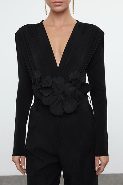 Trendyol Collection Black Applique Flower Detailed Snap Fastener Knitted Bodysuit Tpraw25Bd00011