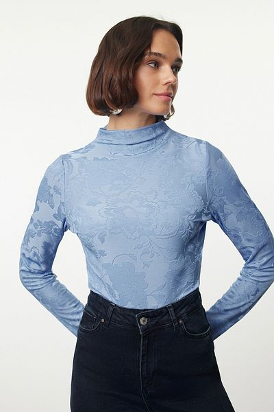 Trendyol Collection Ευέλικτη Εφαρμόσιμη Μπλε Πλεκτή Μπλούζα - Ζακάρ, Εφαρμόσιμη Twoaw25bz00208