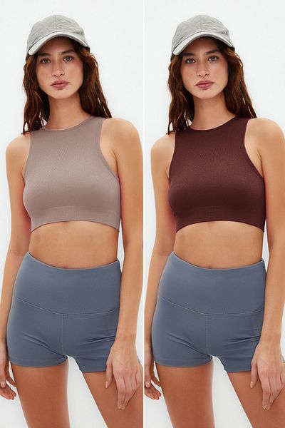 Trendyol Collection Beige-braunes 2-teiliges, nahtlos gestricktes Sport-BH-Set – leichte Unterstützung und Formung TWOSS22SS00000