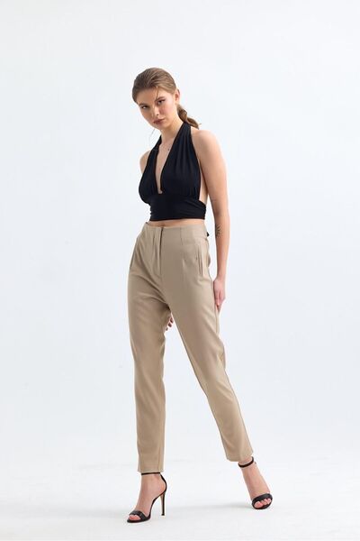 Fovere Women's Beige Pleated High Waist Fabric Trousers