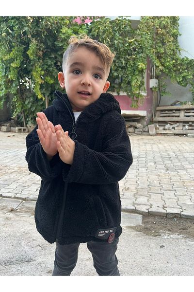 FREE ARSLAN COLLECTİON Plush Hooded Black Kids Baby Coat