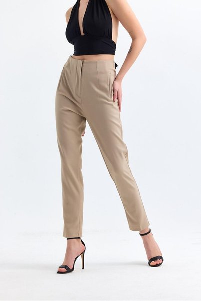 Fovere Women's Beige Pleated High Waist Fabric Trousers