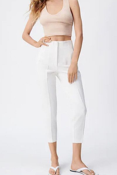 Fovere Women's White Dart High Waist Fabric Trousers
