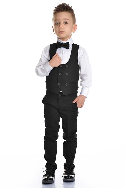 Mnk Sport Cut Boy's Wedding Suit with Vest Dark Black