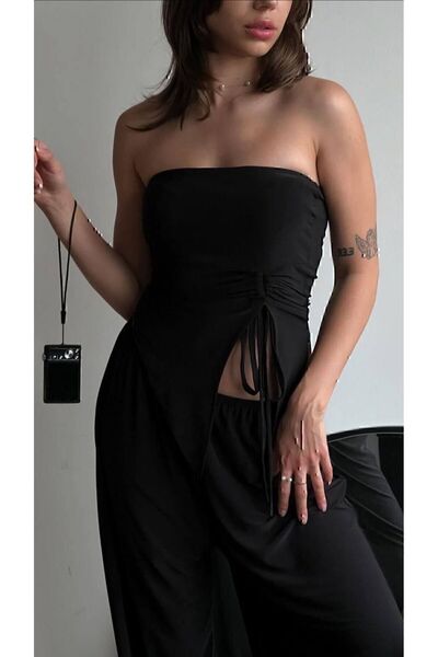 leilas Black Strapless Drawstring Blouse and Loose Comfortable Pants Women's Double Set