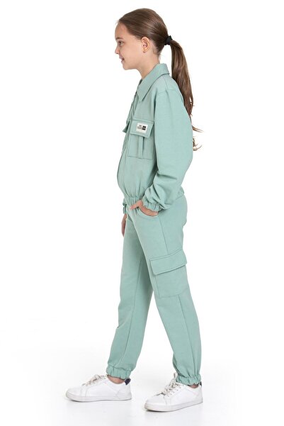 zepkids Polo Collar Long Sleeve Cargo Pocket Elastic Cagla Green Color Girl's Tracksuit Set