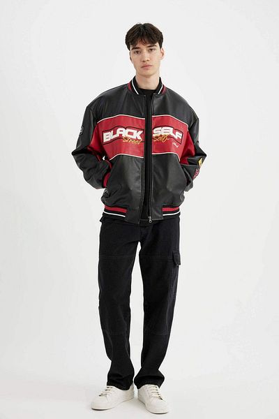 DeFacto Men's Black Water Repellent Oversize Fit College Collar Zippered Pocket Faux Leather Bomber Jacket