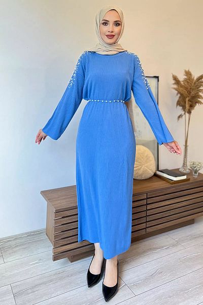 julude Rochie de damă tricotată cu mânecă musulmană cu perle de piatră albastră