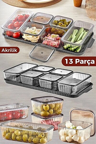 Tinsmith 6 Bölmeli 13 Parça Tepsili Ve Vakum Kapaklı Füme Kahvaltı Seti / Sak...