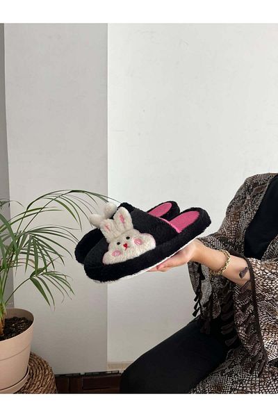 Behtah Kundura Plush Rabbit Figured Women's Home Slippers - Thick Sole with Dowry and Bundle Detail, Noiseless