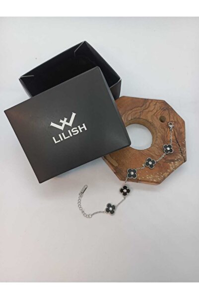 lilish collection Van Cleef Modeli Yonca Paslanmaz Çelik Bileklik Taşlı Siyah...