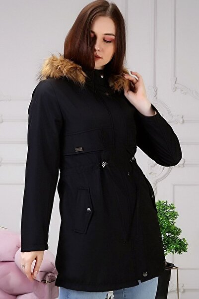 Ottawe I?çi Ve Kapüşonu Kürk Detay Beli I?p Büzgülü Cepli Göğüs Detaylı Fermuarlı Midi Boy Kışlık Mont