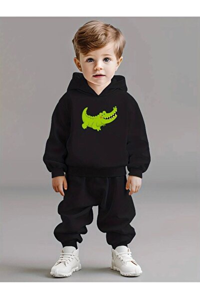 SeusCraft Παιδικό σετ από γλυκό βαμβάκι με σχέδιο κροκόδειλου - Μαύρο φούτερ,...