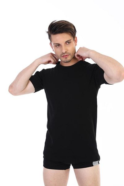 Çift Kaplan Men's Black 6-Piece Ribbed Crew Neck T-Shirt - Undershirt 841