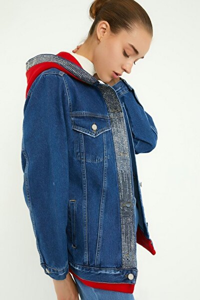 Ottawe Kapüşon ve Renk Blok Detaylı Uzun Kollu Taşlı Dört Cepli Düğme Kapamal...