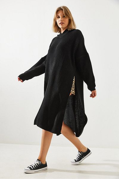 Bianco Lucci Women's Side Slit Hooded Long Loose Tunic Sweater 60651001