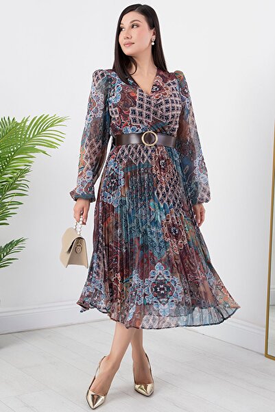 PULLIMM Ζώνη πουά Φόρεμα σιφόν με διπλό στήθος - GRS3286