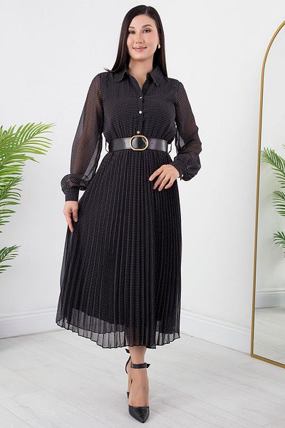 PULLIMM Chiffon Dress - Polka Dots, Collar and Belt, Grs3575