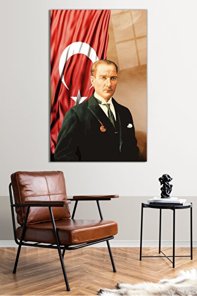 Vosevu Türk Bayraklı Atatürk Cam Tablo, Modern Ev Ofis Dekoru, Hediyelik Duvar Dekorasyonu, Kırılmaz Cam
