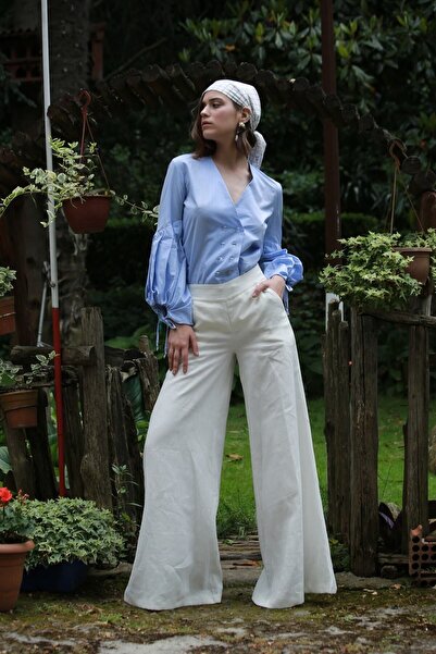 Rheme And Fons Özel Tasarım Couture El Işçiliği El Işçiliği Beyaz Keten Pantolon