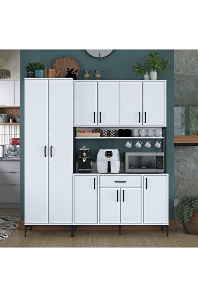Rani Mobilya Rani JE133 Çok Amaçlı Dolap 10 Kapaklı 1 Çekmeceli Kiler Mutfak Dolabı Beyaz