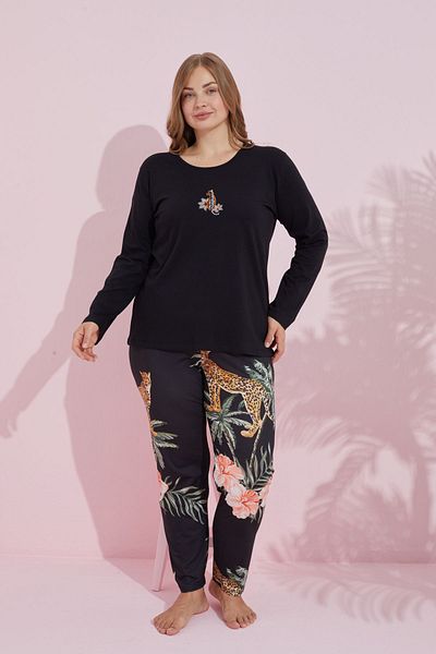 Siyah İnci Black Multi-Colored Cotton Curve Large Size Oversize Knitted Pajamas Set 24240733