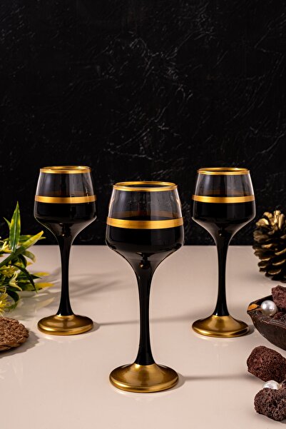 MEST Siyah Gold 6 Kişilik 6'lı Ayaklı Cam Kahve Yanı Su Bardağı Seti - Şık ve...