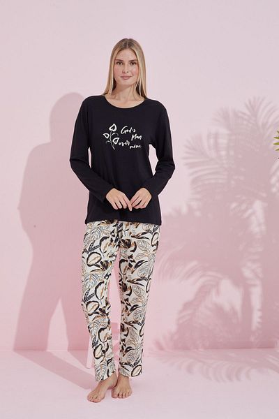 Siyah İnci Black Multicolor Cotton Knitted Pajamas Set 24240183