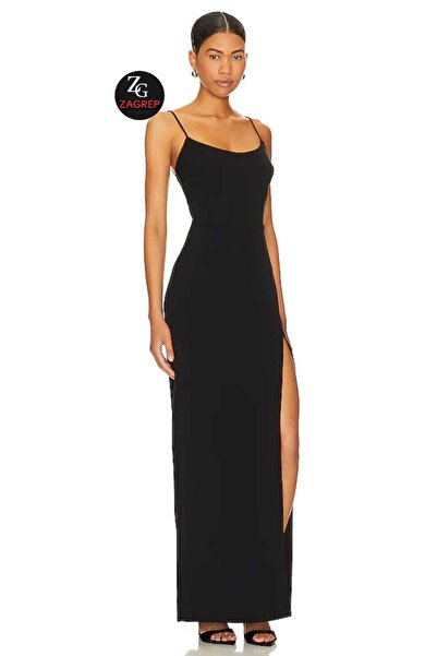 Zagrep Women's Black Wide Strap Maxi Dress with Slit Zipper Lined No Show Maxi Dress