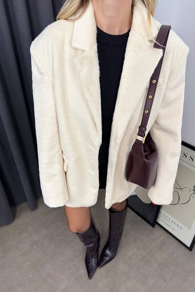 Sue Store Fur Texture Plush Jacket - Ecru Lined and Buttoned