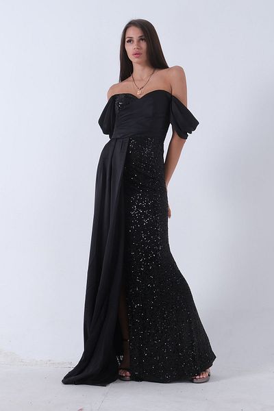Feminist Sequin Detailed Slit Evening Dress Black 9705321