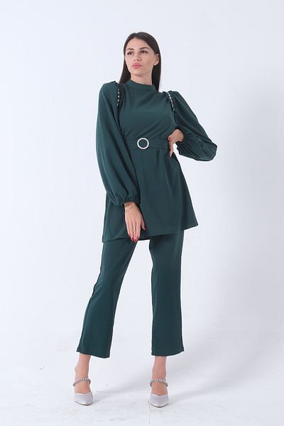 Feminist Emerald Shoulder Stone Detailed Belted Trousers Set - 4672002