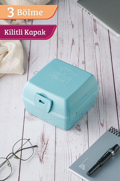 KaktüsKedi Turquoise 3 Compartment Lunch Box with Lock and Fork and Spoon