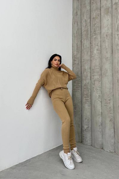 Neşeli Butik Ribbed Turtleneck Women's Knitwear Set - Camel Nbdm1215