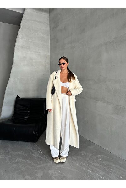 Laluvia Soft Long Ecru Teddy Coat - Belted, Model No: 542127