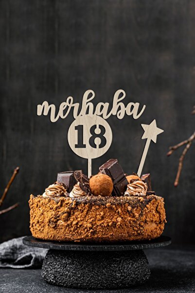 AHWART Merhaba 18 Pasta Süsü Mdf 18 Yaş Doğum Günü Topper Yıldız Hediyeli
