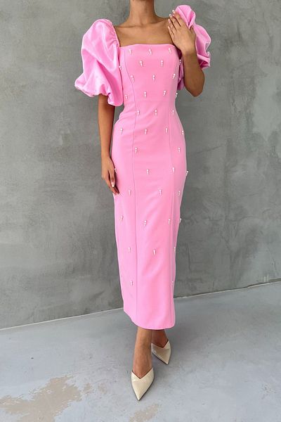 Seda Yalçın Atelier Pearl Detailed Pink Zippered Princess Sleeve Dress
