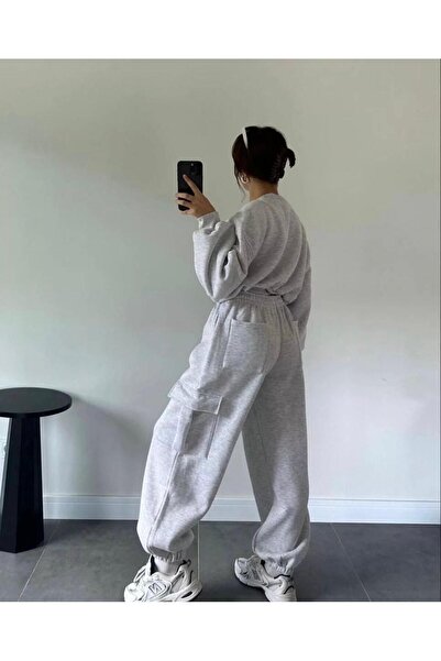 Machetta Kadın  Crop Sweatshirt Kargo Cep  Eşofman Altı  3 İplik Ikili Takım