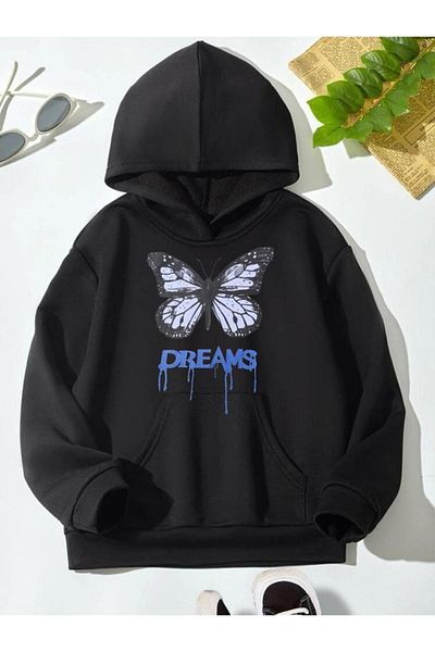 GLOWES Hanorac cu glugă cu imprimeu Oversize Black Blue Dreams pentru fete