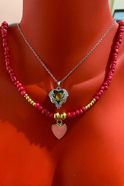 Bourgogne2021 Steel Women's Necklace Set - Heart Pattern Heart Detailed 2 Pieces Necklaces