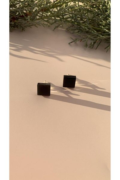 MISS GOLDEN Shiny Black Epoxy Earrings - Small Square Shape, Silver Accessory, Gift Handmade