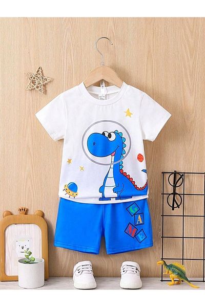 GLOWES Unisex Kids Blue Dinosaur Printed Shorts Set