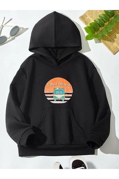 GLOWES Унисекс детски суитшърт - черен, голям размер, с щампа California Minibus и качулка
