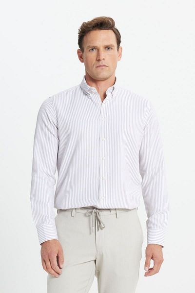 ALTINYILDIZ CLASSICS Ριγέ Slim Fit Λευκό-Μπεζ Πουκάμισο - Βαμβακερό, Γιακάς με κουμπιά