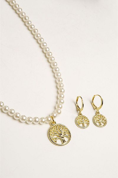EUROMODA Tree of Life Patterned Pearl Necklace and Earring Set